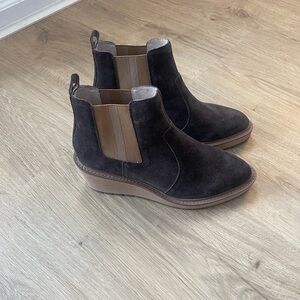 CECILIA NEW YORK Black Suede Chelsea Ankle Boots with Brown Elastic Gusset
